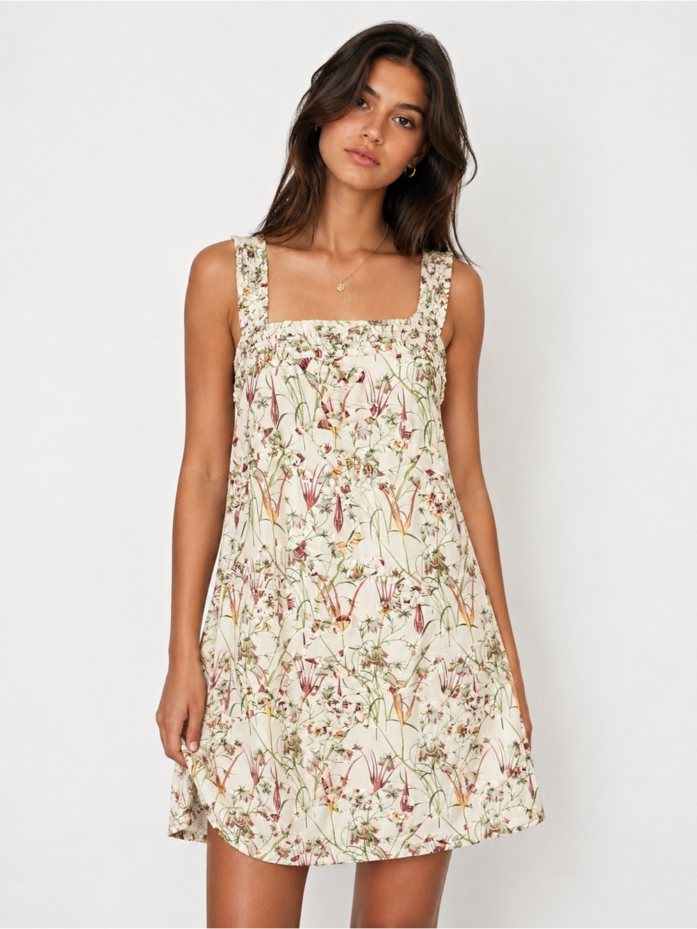 Max Studio floral print dress vintage ecru, green red floral print ruffled large - Picture 1 of 16